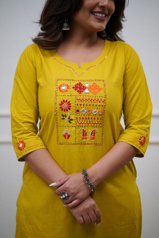 Women’s Cotton Kurta Pant Set with Dupatta – White, Yellow & Green, 3-Piece Ethnic Wear for Women, Indian Kurta Sets with Dupatta