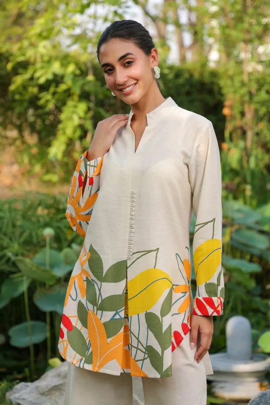 White Organic Cotton Ethnic Co Ord Set with Pink Floral, Eco-Friendly Co Ord Sets Women Dress