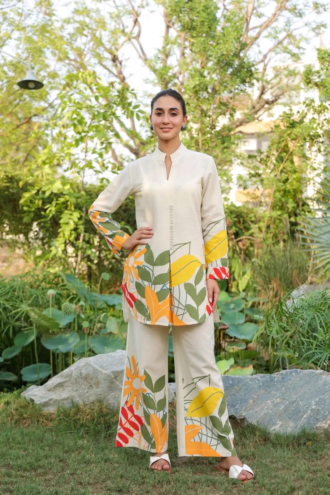 White Organic Cotton Ethnic Co Ord Set with Pink Floral, Eco-Friendly Co Ord Sets Women Dress