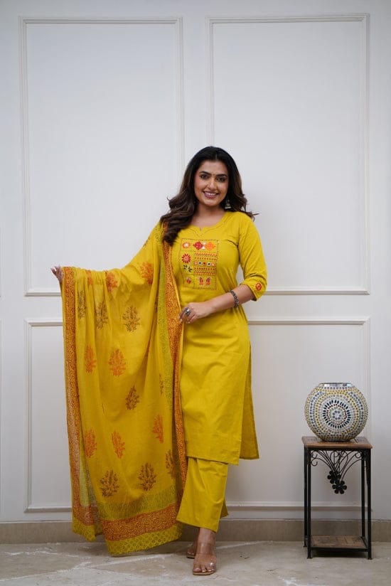Women’s Cotton Kurta Pant Set with Dupatta – White, Yellow & Green, 3-Piece Ethnic Wear for Women, Indian Kurta Sets with Dupatta