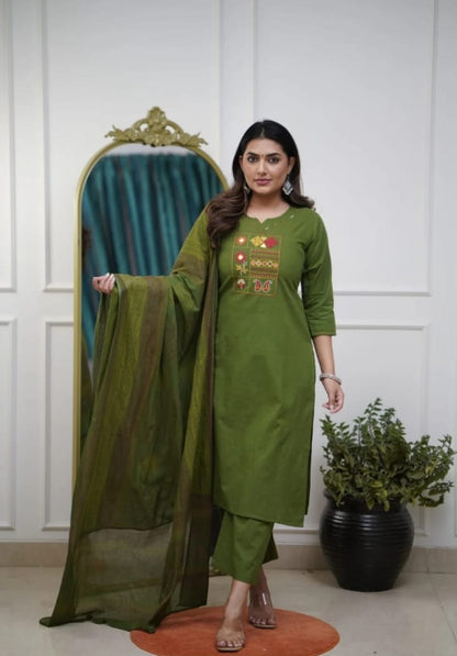 Women’s Cotton Kurta Pant Set with Dupatta – White, Yellow & Green, 3-Piece Ethnic Wear for Women, Indian Kurta Sets with Dupatta
