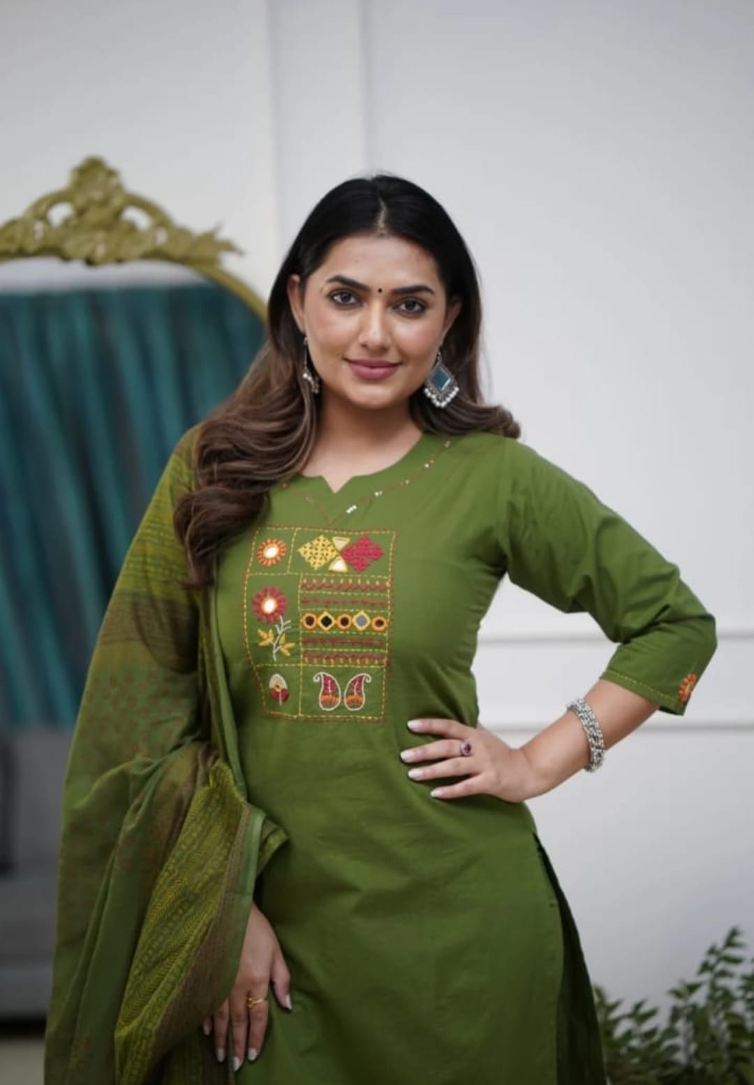 Women’s Cotton Kurta Pant Set with Dupatta – White, Yellow & Green, 3-Piece Ethnic Wear for Women, Indian Kurta Sets with Dupatta