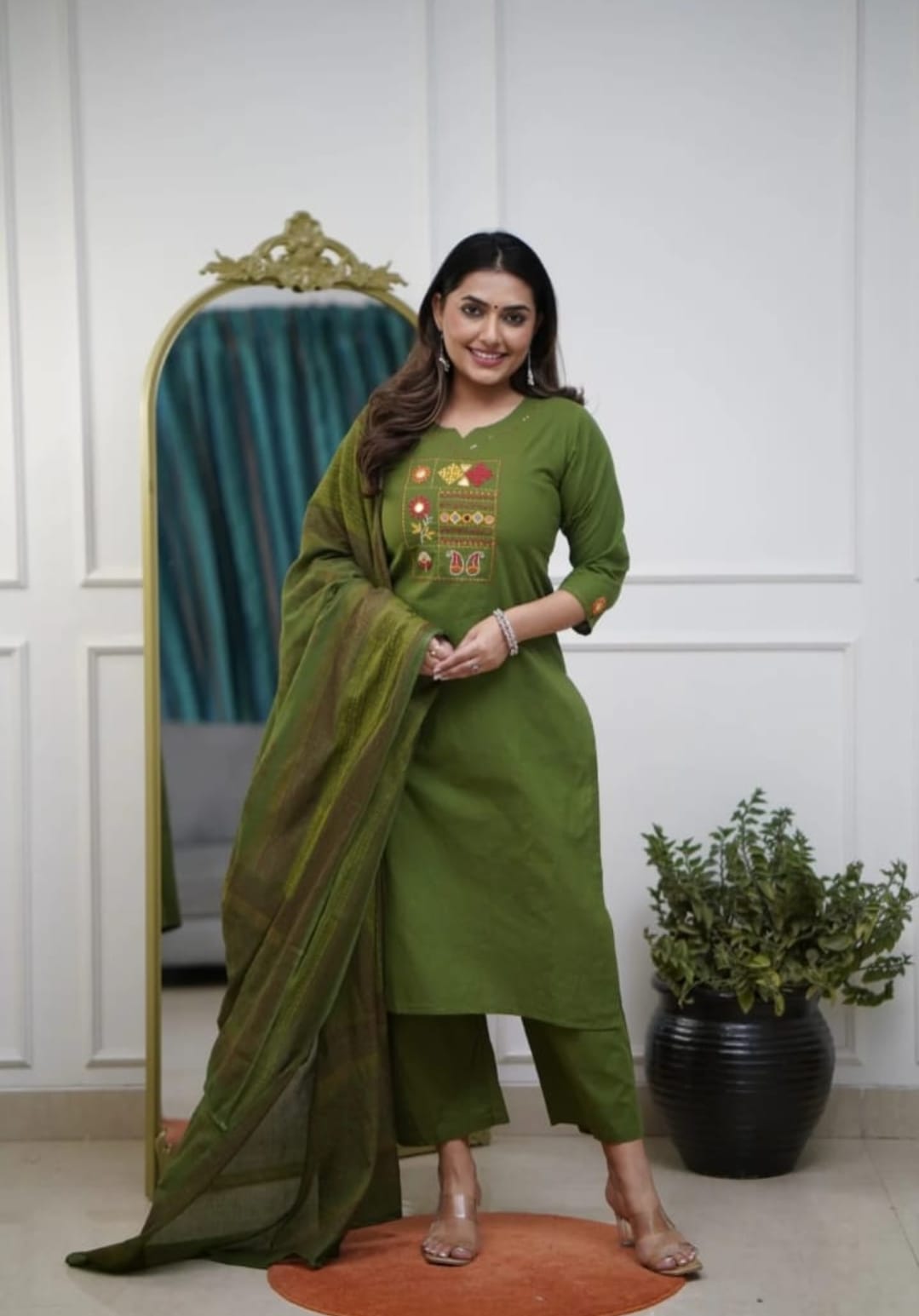 Women’s Cotton Kurta Pant Set with Dupatta – White, Yellow & Green, 3-Piece Ethnic Wear for Women, Indian Kurta Sets with Dupatta