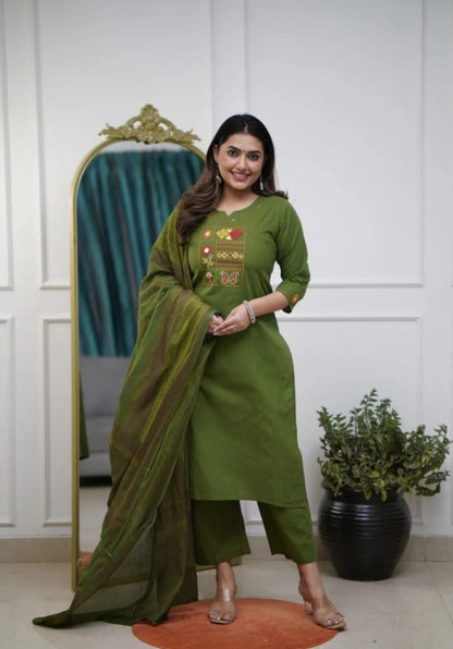 Women’s Cotton Kurta Pant Set with Dupatta – White, Yellow & Green, 3-Piece Ethnic Wear for Women, Indian Kurta Sets with Dupatta