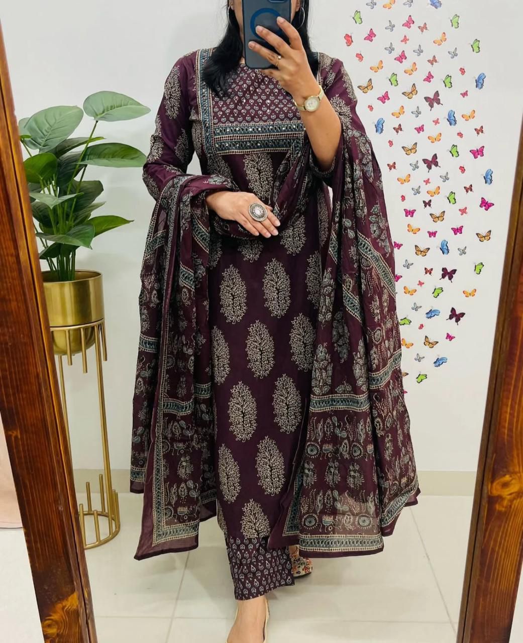 New Style Ajrakh Print Straight Kurta 3 Piece Set with Pant & Dupatta in 2 Colors – Dark Brown & Navy Blue, Indian Kurta Sets for Women, Designer Suits for Women