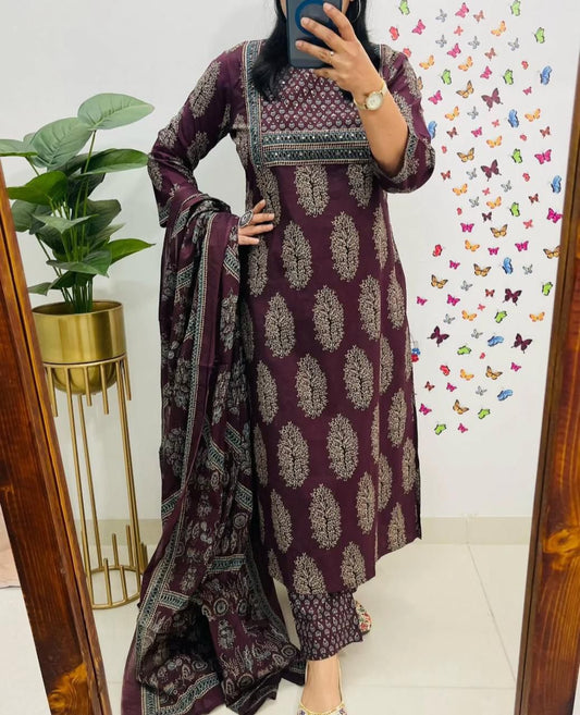 New Style Ajrakh Print Straight Kurta 3 Piece Set with Pant & Dupatta in 2 Colors – Dark Brown & Navy Blue, Indian Kurta Sets for Women, Designer Suits for Women
