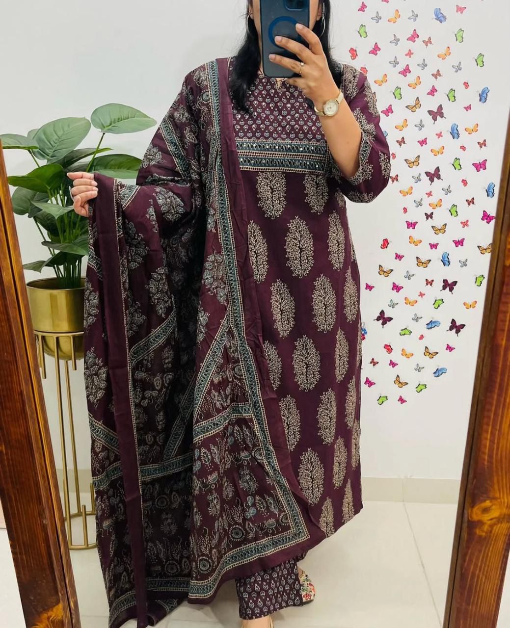 New Style Ajrakh Print Straight Kurta 3 Piece Set with Pant & Dupatta in 2 Colors – Dark Brown & Navy Blue, Indian Kurta Sets for Women, Designer Suits for Women