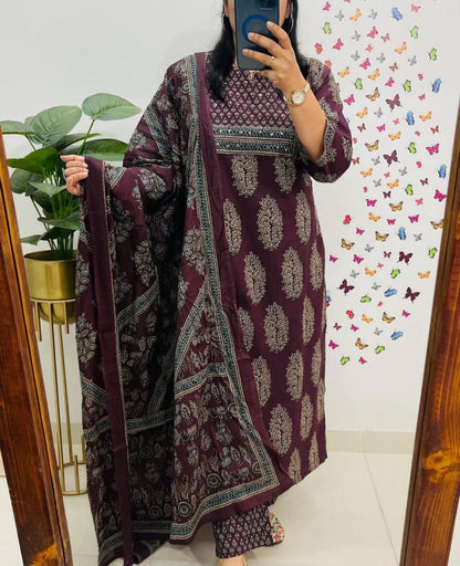 New Style Ajrakh Print Straight Kurta 3 Piece Set with Pant & Dupatta in 2 Colors – Dark Brown & Navy Blue, Indian Kurta Sets for Women, Designer Suits for Women