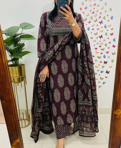 New Style Ajrakh Print Straight Kurta 3 Piece Set with Pant & Dupatta in 2 Colors – Dark Brown & Navy Blue, Indian Kurta Sets for Women, Designer Suits for Women