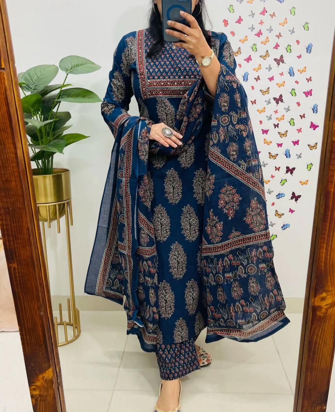 New Style Ajrakh Print Straight Kurta 3 Piece Set with Pant & Dupatta in 2 Colors – Dark Brown & Navy Blue, Indian Kurta Sets for Women, Designer Suits for Women
