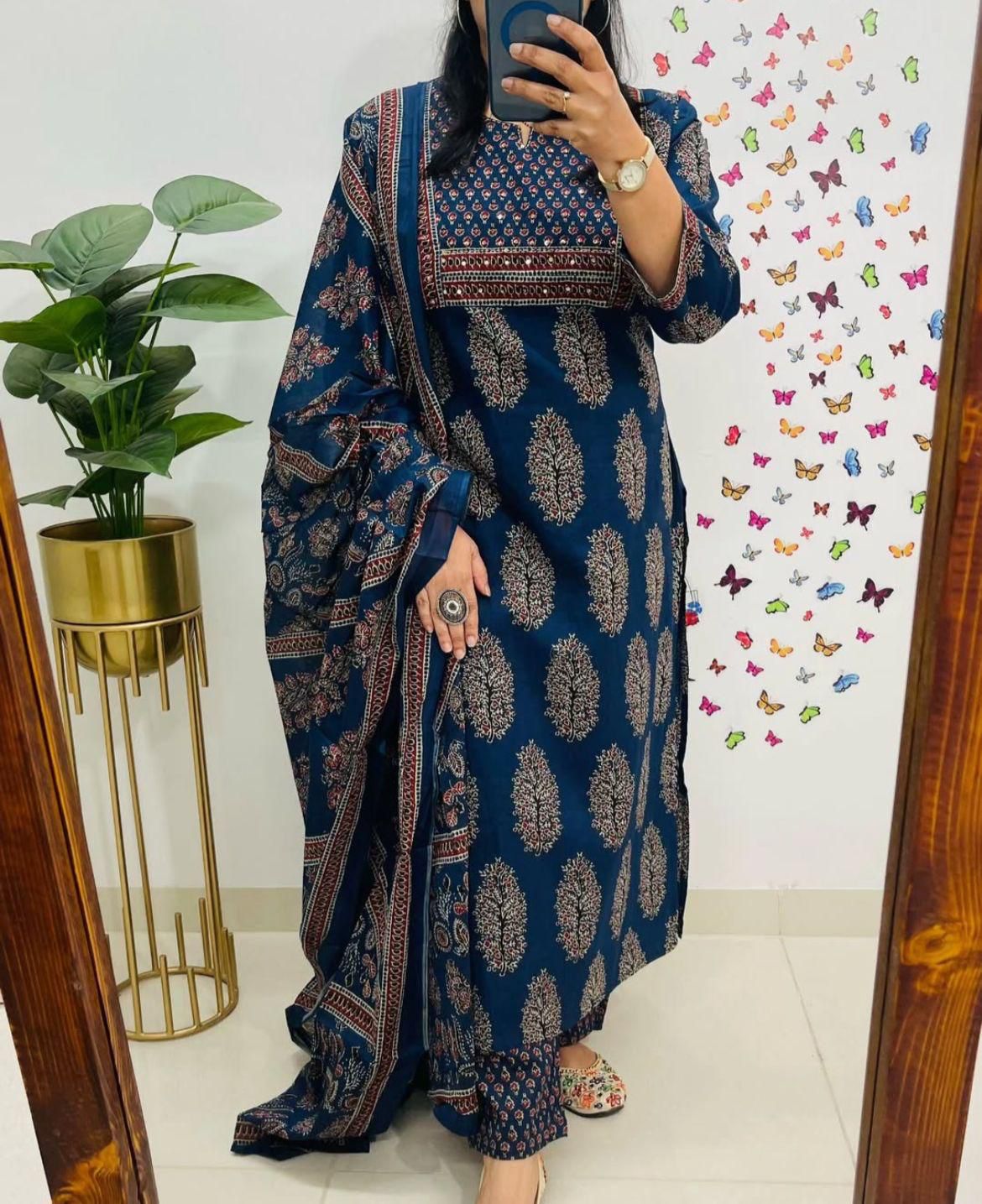 New Style Ajrakh Print Straight Kurta 3 Piece Set with Pant & Dupatta in 2 Colors – Dark Brown & Navy Blue, Indian Kurta Sets for Women, Designer Suits for Women
