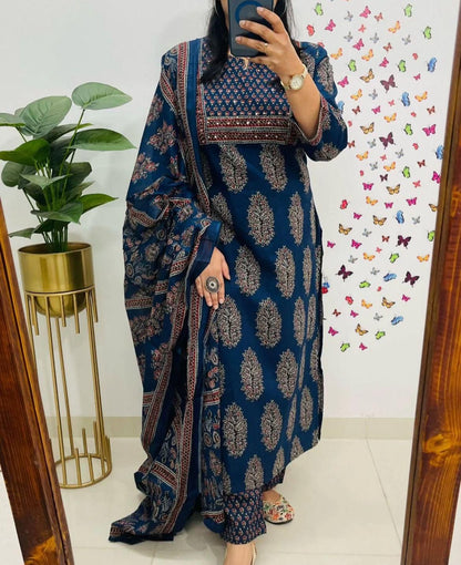 New Style Ajrakh Print Straight Kurta 3 Piece Set with Pant & Dupatta in 2 Colors – Dark Brown & Navy Blue, Indian Kurta Sets for Women, Designer Suits for Women