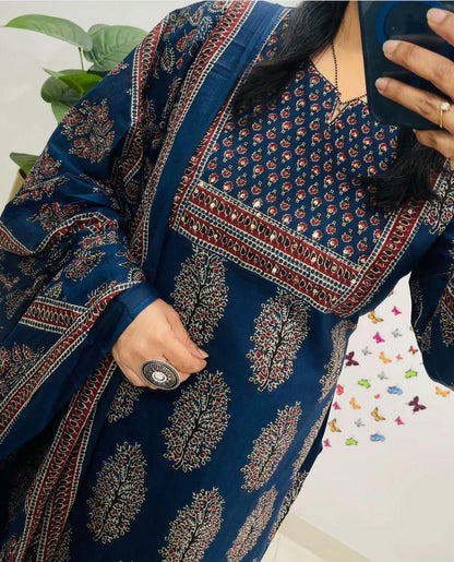 New Style Ajrakh Print Straight Kurta 3 Piece Set with Pant & Dupatta in 2 Colors – Dark Brown & Navy Blue, Indian Kurta Sets for Women, Designer Suits for Women