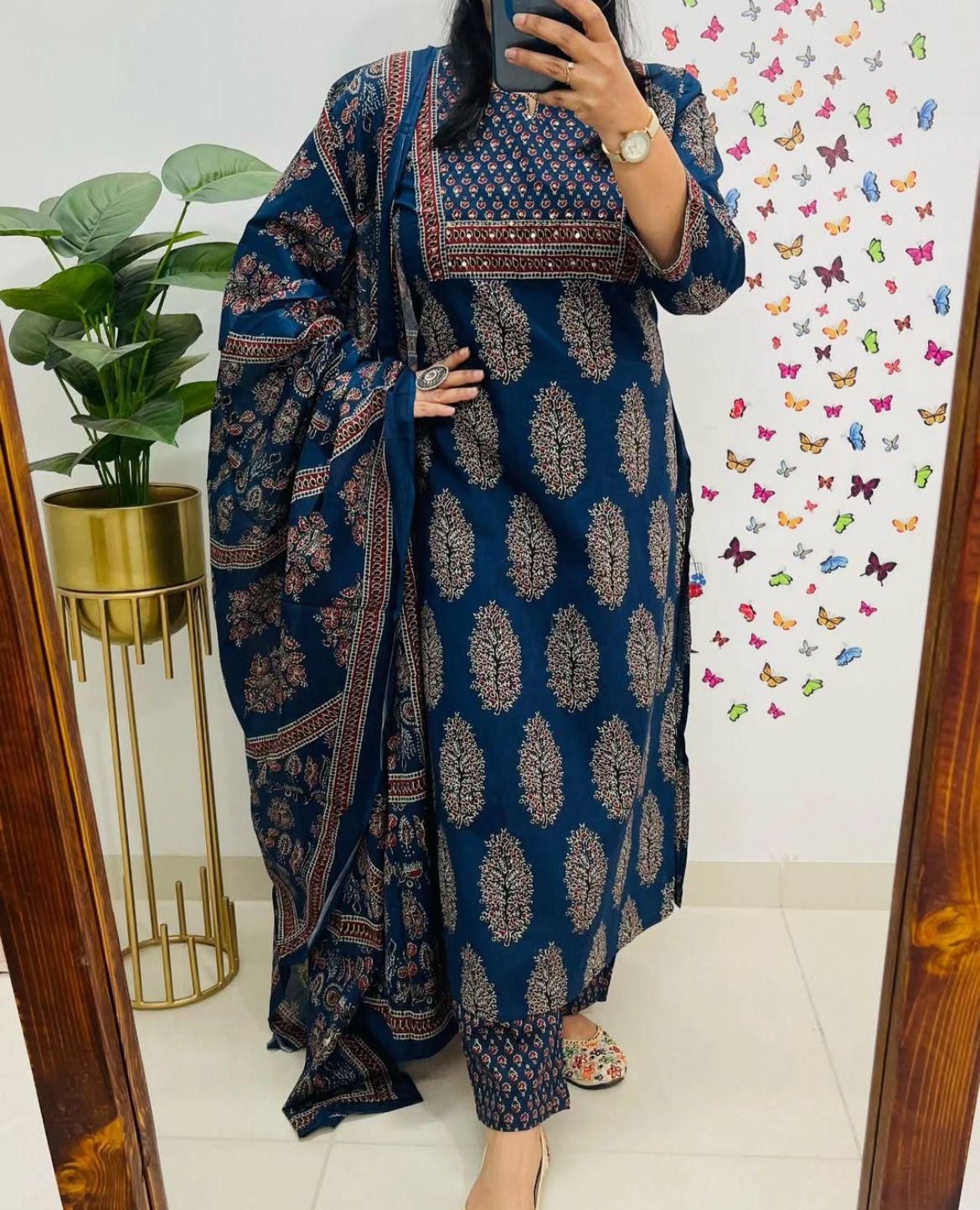 New Style Ajrakh Print Straight Kurta 3 Piece Set with Pant & Dupatta in 2 Colors – Dark Brown & Navy Blue, Indian Kurta Sets for Women, Designer Suits for Women