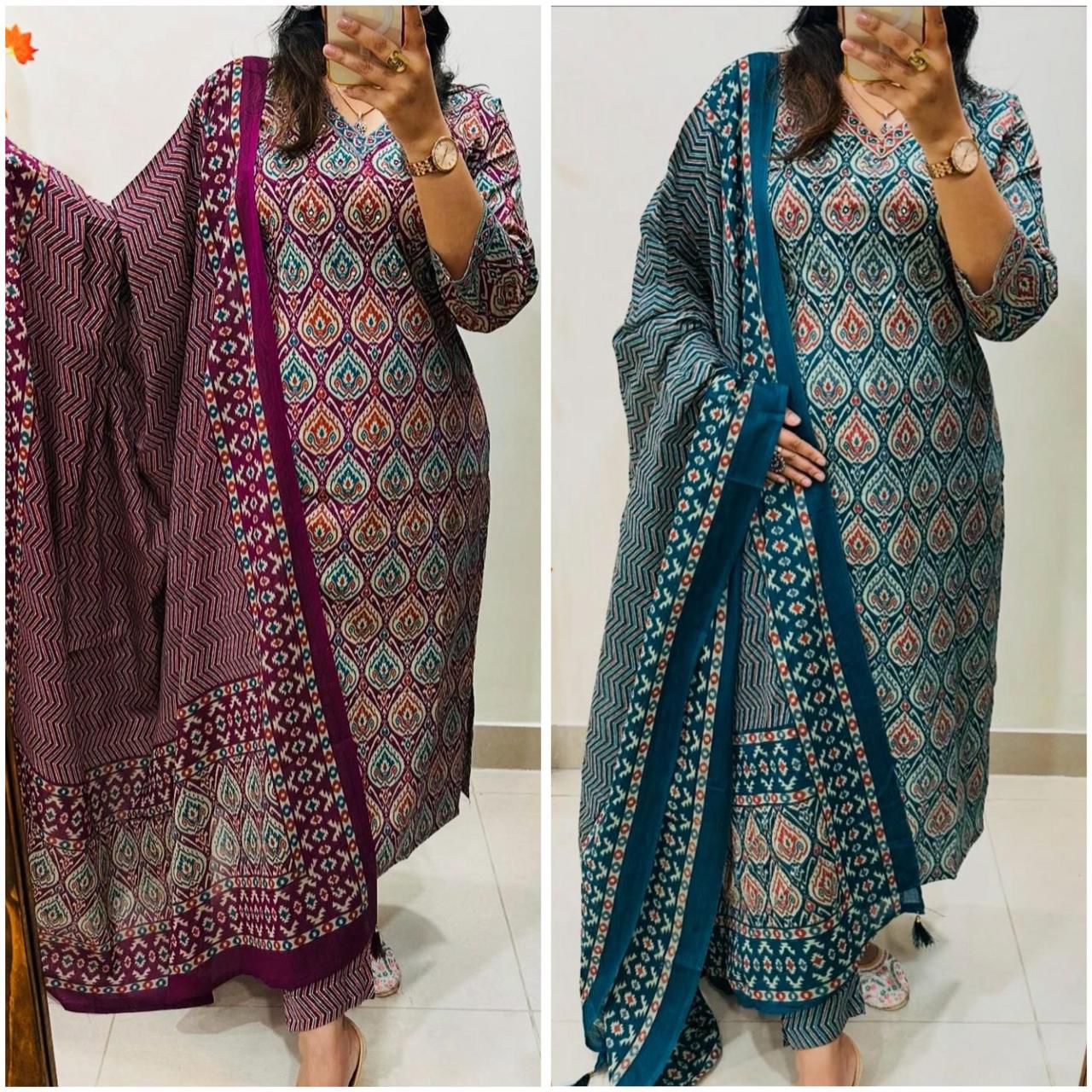 New Maroon Floral Print Straight Kurta Pant Dupatta Set | Cotton Kurta Sets for Women | Indian Suits