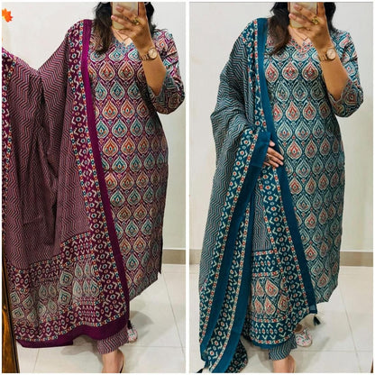 New Maroon Floral Print Straight Kurta Pant Dupatta Set | Cotton Kurta Sets for Women | Indian Suits