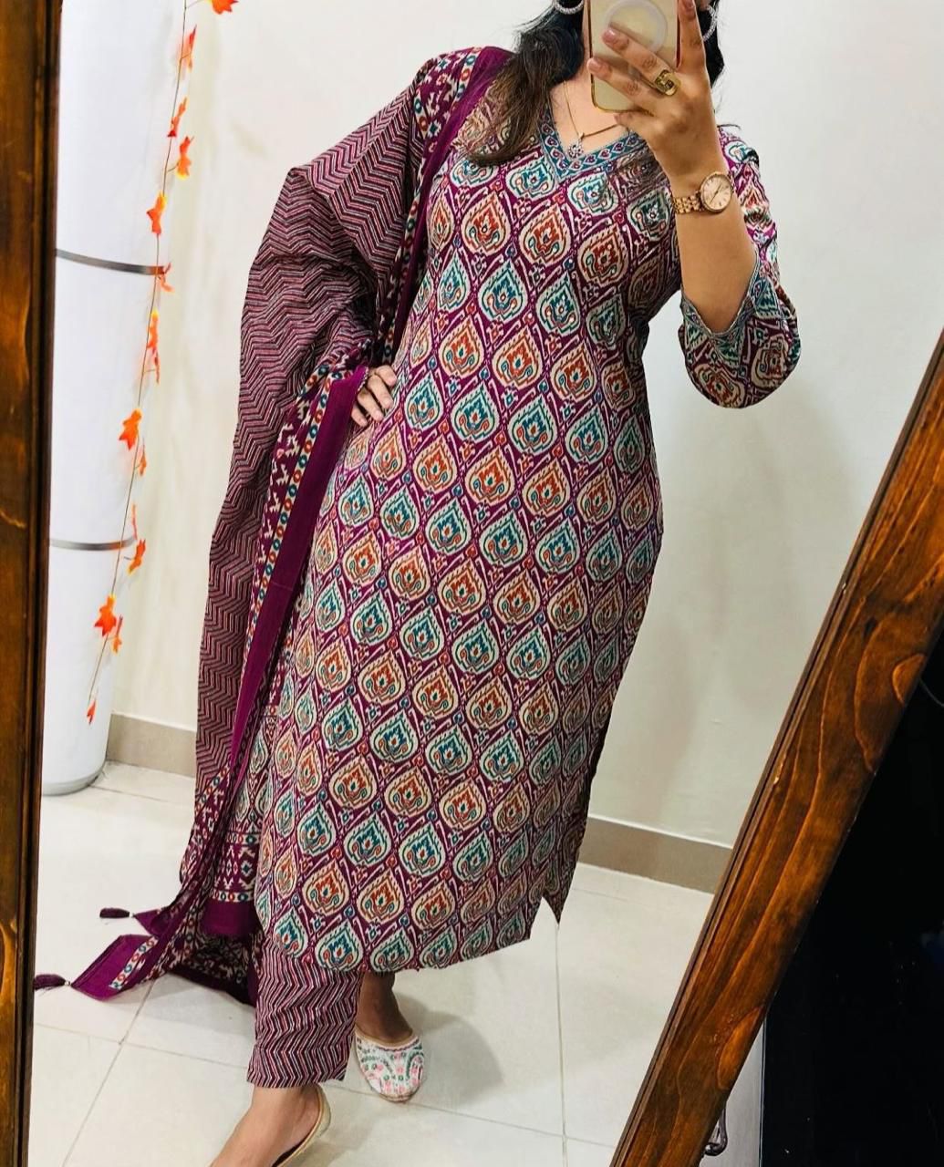 New Maroon Floral Print Straight Kurta Pant Dupatta Set | Cotton Kurta Sets for Women | Indian Suits