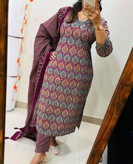 New Maroon Floral Print Straight Kurta Pant Dupatta Set | Cotton Kurta Sets for Women | Indian Suits