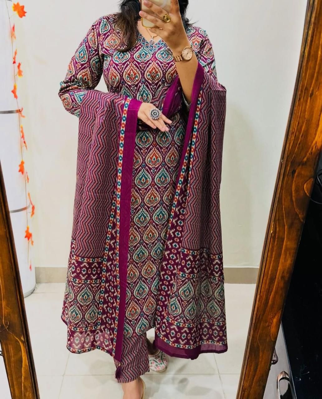 New Maroon Floral Print Straight Kurta Pant Dupatta Set | Cotton Kurta Sets for Women | Indian Suits