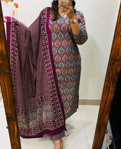 New Maroon Floral Print Straight Kurta Pant Dupatta Set | Cotton Kurta Sets for Women | Indian Suits