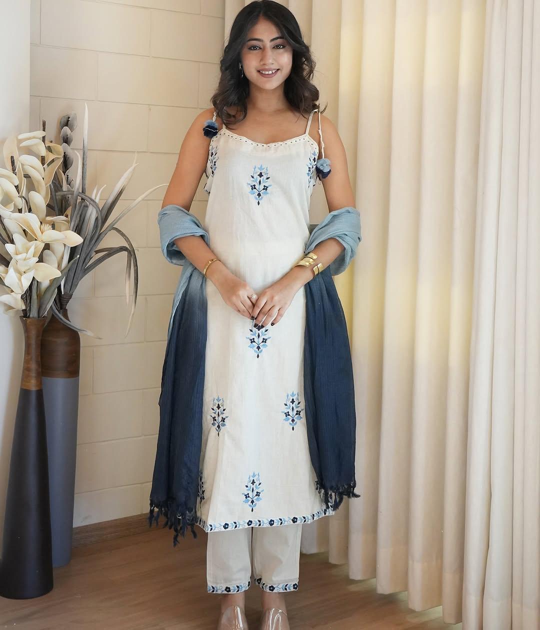 Cotton White Kurti for Women, Cotton Suit Set for Women, Cotton Kurtis for Women, Indian Designer Suits, Indian Embroidered Kurti+Pant+Dupatta