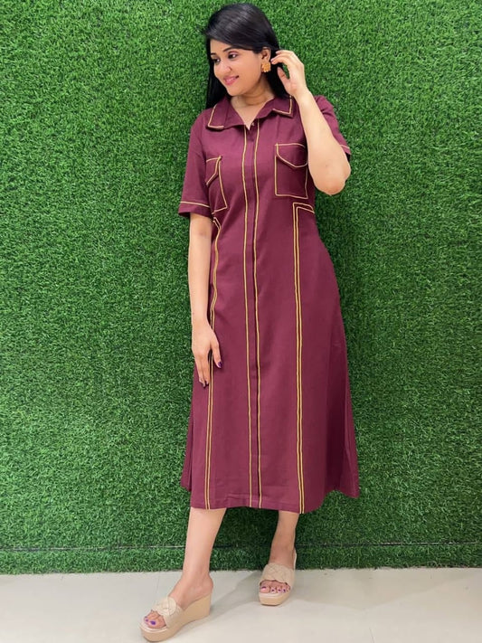Elegant Maroon Long Denim Dress Womens, Denim Maxi Dresses for Women, Trendy Denim Dress Women
