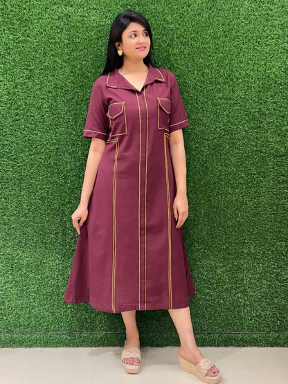 Elegant Maroon Long Denim Dress Womens, Denim Maxi Dresses for Women, Trendy Denim Dress Women