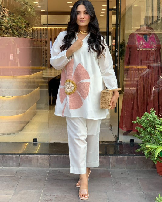White Floral Pure Cotton Ethnic Co Ord Sets for Women, Organic Eco-Friendly Co-Ord Set for Women Style, Stylish Fabric COD-SET